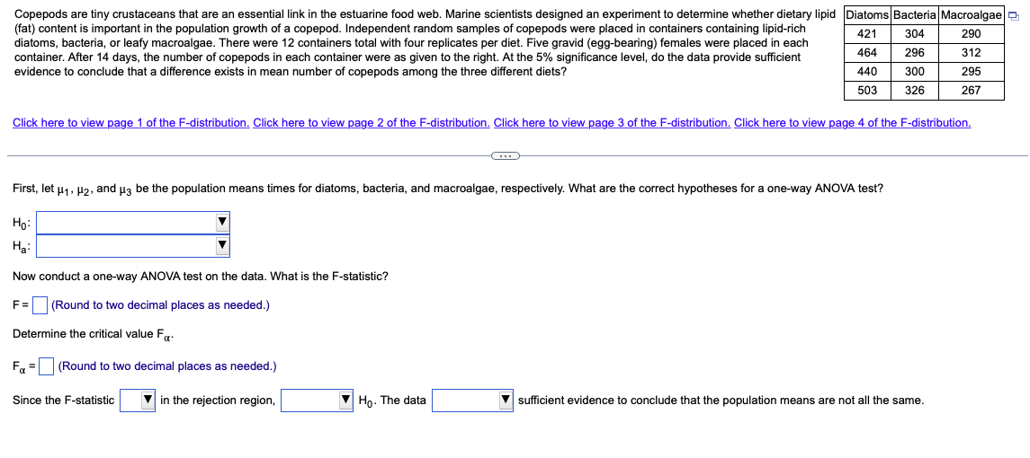 Copepods are tiny crustaceans that are an essential link in the estuarine food web. Marine scientists designed an experiment to determine whether dietary lipid Diatoms Bacteria Macroalgae
421
304
290
(fat) content is important in the population growth of a copepod. Independent random samples of copepods were placed in containers containing lipid-rich
diatoms, bacteria, or leafy macroalgae. There were 12 containers total with four replicates per diet. Five gravid (egg-bearing) females were placed in each
container. After 14 days, the number of copepods in each container were as given to the right. At the 5% significance level, do the data provide sufficient
evidence to conclude that a difference exists in mean number of copepods among the three different diets?
296
312
300
295
326
267
Click here to view page 1 of the F-distribution. Click here to view page 2 of the F-distribution. Click here to view page 3 of the F-distribution. Click here to view page 4 of the F-distribution.
First, let μ₁, μ₂, and μ3 be the population means times for diatoms, bacteria, and macroalgae, respectively. What are the correct hypotheses for a one-way ANOVA test?
Ho:
H₂:
Now conduct a one-way ANOVA test on the data. What is the F-statistic?
F= (Round to two decimal places as needed.)
Determine the critical value F.
F =
(Round to two decimal places as needed.)
Since the F-statistic
464
440
503
in the rejection region,
Ho. The data
▼sufficient evidence to conclude that the population means are not all the same.