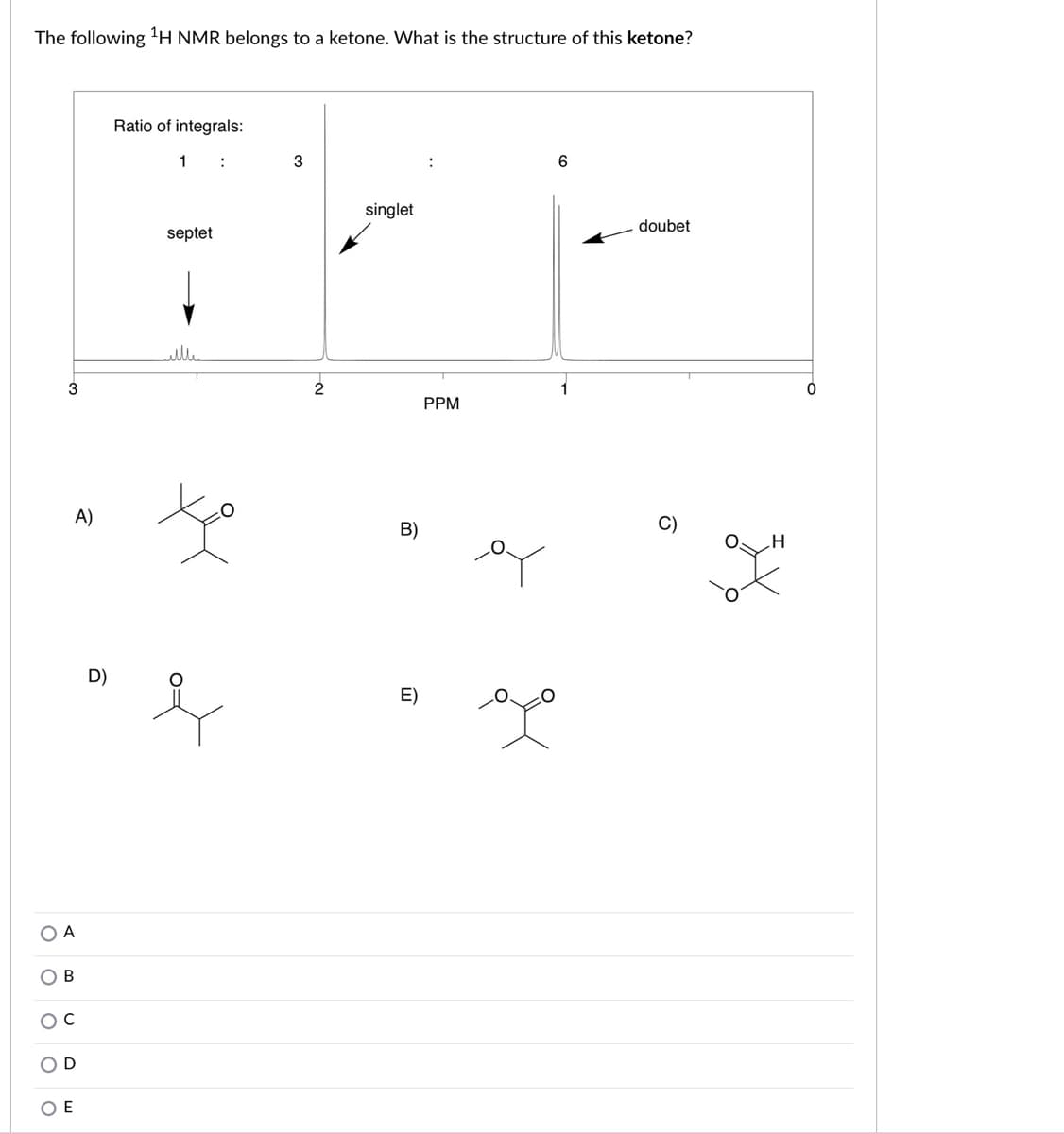 The following 'H NMR belongs to a ketone. What is the structure of this ketone?
Ratio of integrals:
:
3
6
singlet
doubet
septet
elle
3
PPM
A)
C)
B)
D)
E)
O A
OD
O E
of
