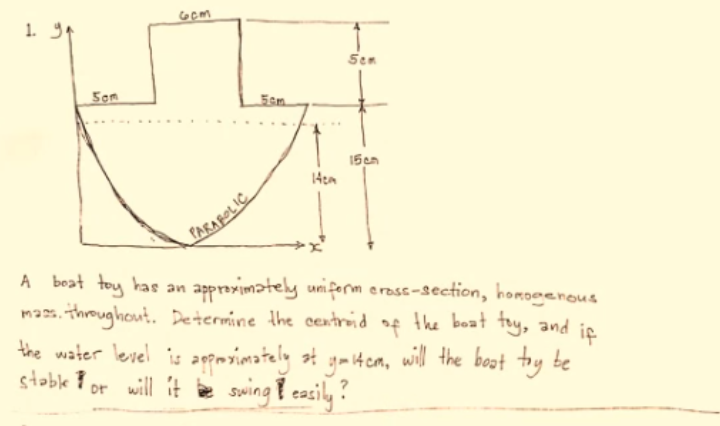 1. 3A
Sen
Son
PARABOLIC.
A beat toy kas an approvimately uniform eross-section, homogenous
. throughout. Determine the centroid
the water lesel is amimately at gakca, wil the boot thy be
stoble I or will it e swing easily ?
of
the boat toy, and
if
