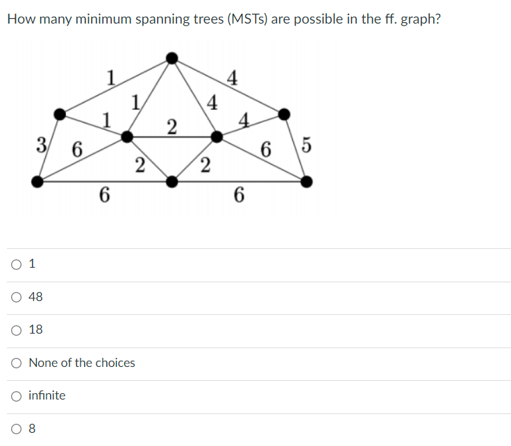 How many minimum spanning trees (MSTS) are possible in the ff. graph?
4
4
1,
2
3/
6
6 5
2
6
O 1
O 48
O 18
O None of the choices
O infinite
O 8
