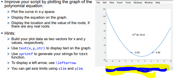 • Improve your script by plotting the graph of the File Edit View Insert Tools Desktop Window Help
polynomíal equation.
> Plot the curve in x-y space.
> Display the equation on the graph.
> Display the location and the value of the roots, if
120
100
there áre any real roots.
Hints:
1x-2x-10-0
> Build your plot data as two vectors for x and y
40
values, respectively.
> Use text (x, y,str) to display text on the graph.
> Use sprintf to generate your strings for text
20
-2.32
4.32
function.
> To display a left arrow, use \leftarrow.
> You can get axis limits using xlim and ylim.
