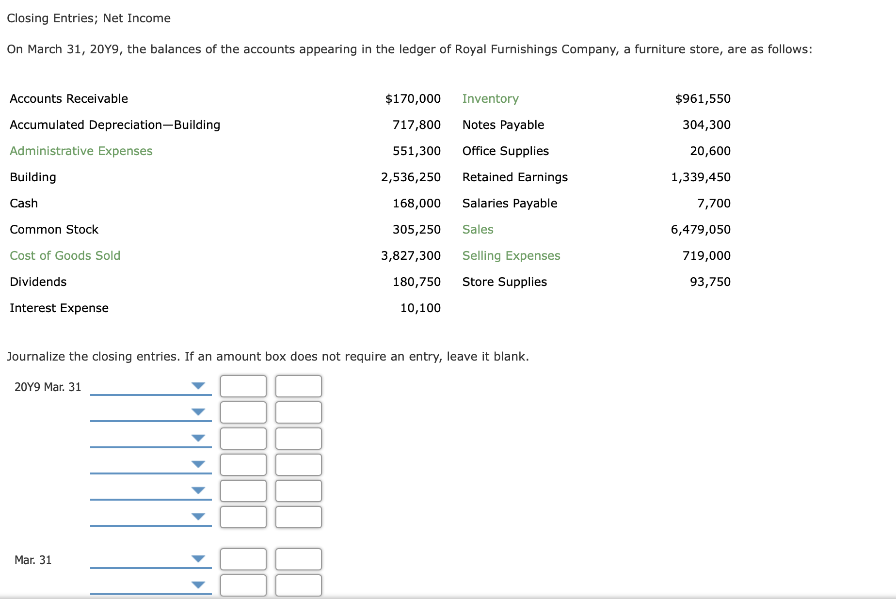 ## Closing Entries; Net Income

### On March 31, 20Y9, the balances of the accounts appearing in the ledger of Royal Furnishings Company, a furniture store, are as follows:

- **Accounts Receivable:** $170,000
- **Accumulated Depreciation—Building:** $717,800
- **Administrative Expenses:** $551,300
- **Building:** $2,536,250
- **Cash:** $168,000
- **Common Stock:** $305,250
- **Cost of Goods Sold:** $3,827,300
- **Dividends:** $180,750
- **Interest Expense:** $10,100
- **Inventory:** $961,550
- **Notes Payable:** $304,300
- **Office Supplies:** $20,600
- **Retained Earnings:** $1,339,450
- **Salaries Payable:** $7,700
- **Sales:** $6,479,050
- **Selling Expenses:** $719,000
- **Store Supplies:** $93,750

### Journalize the closing entries. If an amount box does not require an entry, leave it blank.

| Date       | Account Title                       | Debit    | Credit  |
|------------|-------------------------------------|----------|---------|
| 20Y9 Mar. 31 |                                     |          |         |
|            |                                     |          |         |
|            |                                     |          |         |
|            |                                     |          |         |
|            |                                     |          |         |
|            | Mar. 31 (Brought forward the row)   |          |         |
|            |                                     |          |         |