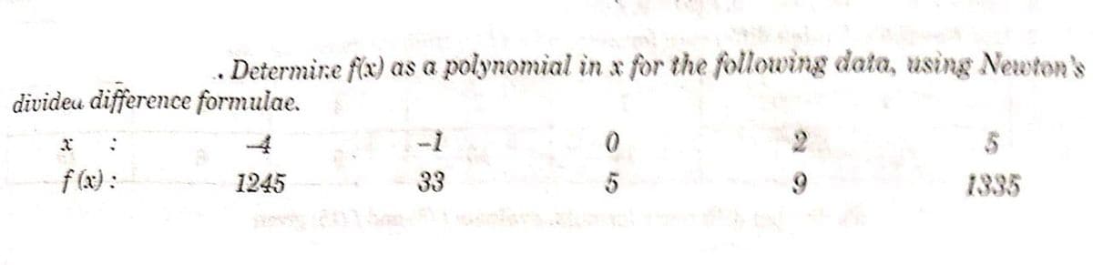 . Determine flx) as a polynomial in x for the following data, using Newton's
divideu difference formulae.
-1
f (x):
1245
33
1335
O 15
