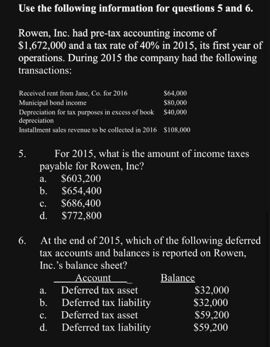 Use the following information for questions 5 and 6.
Rowen, Inc. had pre-tax accounting income of
$1,672,000 and a tax rate of 40% in 2015, its first year of
operations. During 2015 the company had the following
transactions:
Received rent from Jane, Co. for 2016
Municipal bond income
Depreciation for tax purposes in excess of book
depreciation
Installment sales revenue to be collected in 2016
5.
For 2015, what is the amount of income taxes
payable for Rowen, Inc?
a. $603,200
b. $654,400
$686,400
$772,800
C.
d.
$64,000
$80,000
$40,000
$108,000
6. At the end of 2015, which of the following deferred
tax accounts and balances is reported on Rowen,
Inc.'s balance sheet?
Account
Balance
Deferred tax asset
Deferred tax liability
Deferred tax asset
Deferred tax liability
a.
b.
C.
d.
$32,000
$32,000
$59,200
$59,200