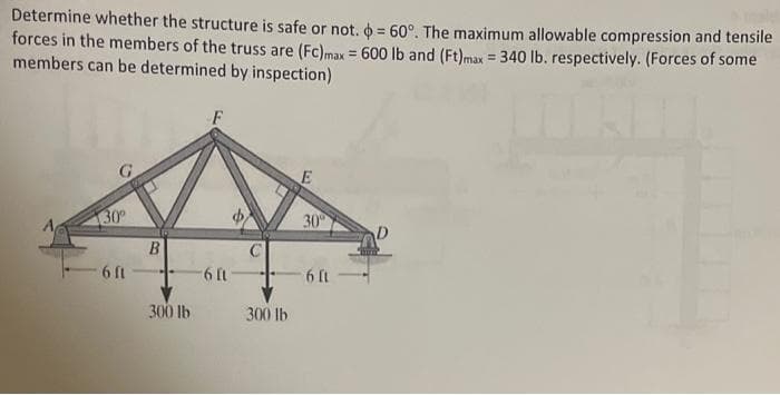 Determine whether the structure is safe or not. o = 60°. The maximum allowable compression and tensile
forces in the members of the truss are (Fc)max = 600 lb and (Ft)max = 340 lb. respectively. (Forces of some
members can be determined by inspection)
!3!
30
30
300 lb
300 lb
