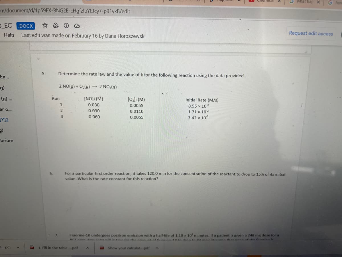 G what hapX
G ho
m/document/d/1P59FX-BNG2E-cHgfzluYEJcy7-p91ykB/edit
s_EC DOCX
Help
Last edit was made on February 16 by Dana Horoszewski
Request edit access
Ex...
5.
Determine the rate law and the value of k for the following reaction using the data provided.
g)
2 NO(g) + O2(g) 2 NO,(g)
(g) ...
Run
[NO]i (M)
[0]i (M)
Initial Rate (M/s)
8.55 x 103
1.71 x 102
1
0.030
0.0055
er o...
0.030
0.0110
0.060
0.0055
3.42 x 102
[Y]2
brium
6.
For a particular first.order reaction, it takes 120.0 min for the concentration of the reactant to drop to 15% of its initial
value. What is the rate constant for this reaction?
Fluorine-18 undergoes positron emission with a half-life of 1.10 x 10 minutes. If a patient is given a 248 mg dose for a
DETcean howlenauill issako fer the ament of fluerine 19 te dron to 92 a2lAceumo that nonaof the fluerina ie
7.
a.pdf
1. Fill in the table..pdf
O Show your calculat..pdf
