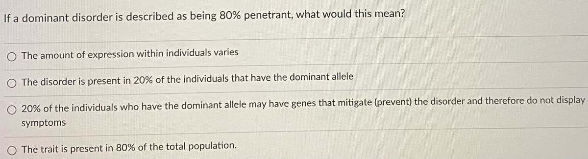 If a dominant disorder is described as being 80% penetrant, what would this mean?
The amount of expression within individuals varies
O The disorder is present in 20% of the individuals that have the dominant allele
20% of the individuals who have the dominant allele may have genes that mitigate (prevent) the disorder and therefore do not display
symptoms
O The trait is present in 80% of the total population.
