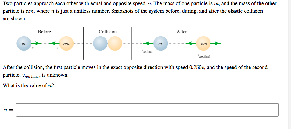 Two particles approach each other with equal and opposite speed, v. The mass of one particle is m, and the mass of the other
particle is nm, where n is just a unitless number. Snapshots of the system before, during, and after the elastic collision
are shown.
Before
Collision
After
т
пт
т
пт
m.final
Vnm,final
After the collision, the first particle moves in the exact opposite direction with speed 0.750v, and the speed of the second
particle, vnm,final , is unknown.
What is the value of n?
