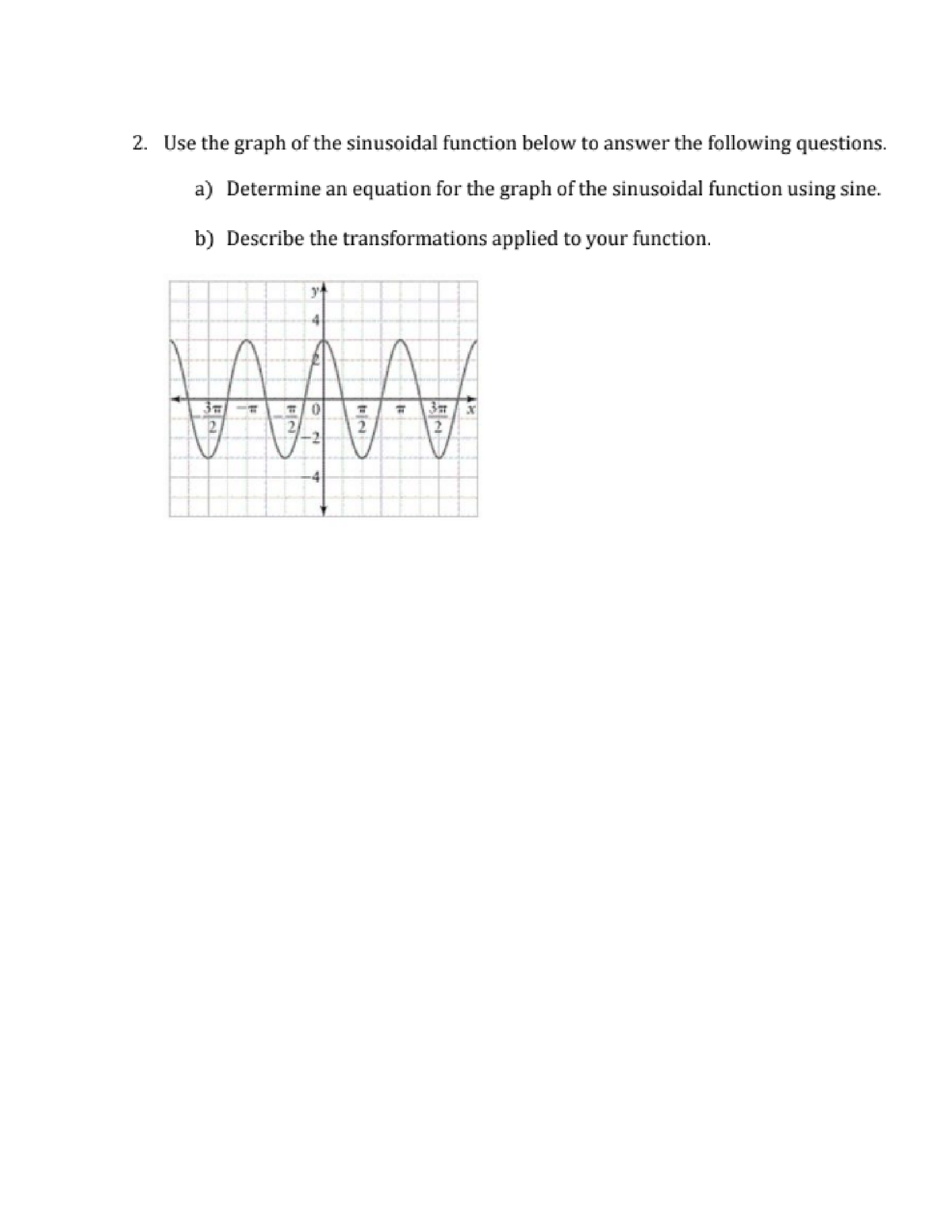 2. Use the graph of the sinusoidal function below to answer the following questions.
a) Determine an equation for the graph of the sinusoidal function using sine.
b) Describe the transformations applied to your function.
