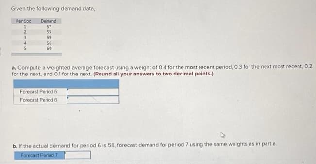 Given the following demand data,
Period
Demand
1
57
2
55
3
59
4
56
5
60
a. Compute a weighted average forecast using a weight of 0.4 for the most recent period, 0.3 for the next most recent, 0.2
for the next, and 0.1 for the next. (Round all your answers to two decimal points.)
Forecast Period 5
Forecast Period 6
b. If the actual demand for period 6 is 58, forecast demand for period 7 using the same weights as in part a.
Forecast Period 7