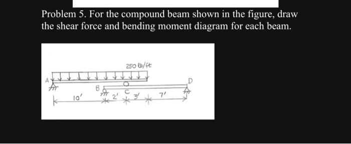 Problem 5. For the compound beam shown in the figure, draw
the shear force and bending moment diagram for each beam.
k
10'
B
2²
250 lb/ft
*
7'