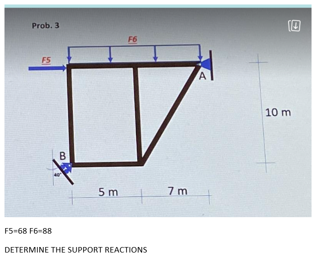 Prob. 3
F5
F5-68 F6=88
B
40
5 m
F6
DETERMINE THE SUPPORT REACTIONS
7 m
A
10 m