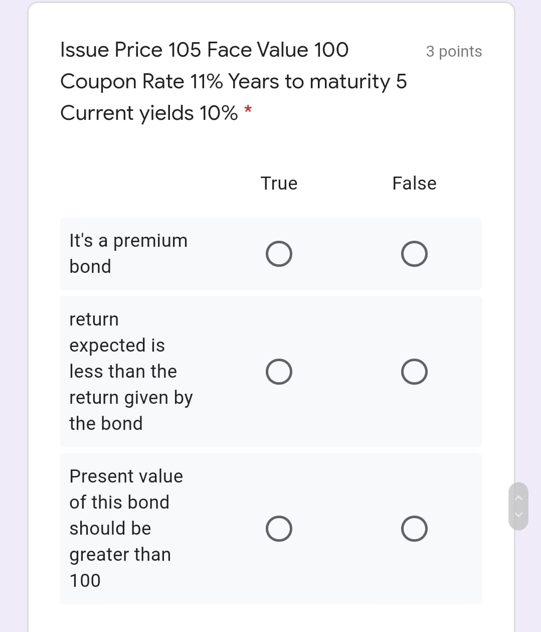 Issue Price 105 Face Value 100
3 points
Coupon Rate 11% Years to maturity 5
Current yields 10% *
True
False
It's a premium
bond
return
expected is
less than the
return given by
the bond
Present value
of this bond
should be
greater than
100
