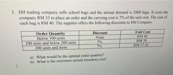 5. HH trading company sells school bags and the annual demand is 2800 bags. It costs the
company RM 33 to place an order and the carrying cost is 7% of the unit cost. The cost of
each bag is RM 40. The supplier offers the following discounts to HH Company.
Order Quantity
Below 100 units
Unit Cost
RM 40
RM 38
RM 37.20
Discount
None
100 units and below 200 units
200 units and more
5%
7%
a) What would be the optimal order quantity?
b) What is the minimum annual inventory cost?
