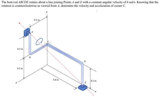 The bent rod ABCDE rotates about a line joining Points A and E with a constant angular velocity of 6 rad/s. Knowing that the
rotation is counterclockwise as viewed from A, determine the velocity and acceleration of corner C.
0.2 m
0.2 m
0.2 m
0.4 m
0.2 m
