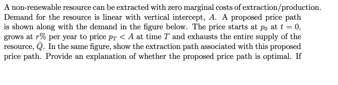 A non-renewable resource can be extracted with zero marginal costs of extraction/production.
Demand for the resource is linear with vertical intercept, A. A proposed price path
is shown along with the demand in the figure below. The price starts at po at t = 0,
grows at r% per year to price PT < A at time T and exhausts the entire supply of the
resource, Q. In the same figure, show the extraction path associated with this proposed
price path. Provide an explanation of whether the proposed price path is optimal. If
