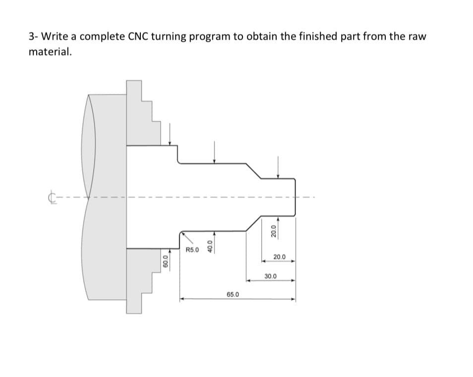 3- Write a complete CNC turning program to obtain the finished part from the raw
material.
R5.0
20.0
30.0
65.0
09
