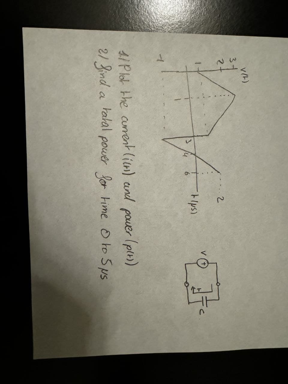 V(+)
7
له
14
6
+lps)
4/ Plot the current (irs) and power (p(t))
21 find a fatal power for time
to 5 NS