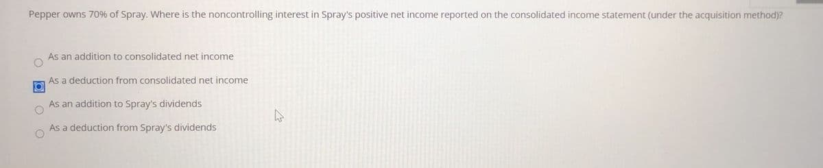 Pepper owns 70% of Spray. Where is the noncontrolling interest in Spray's positive net income reported on the consolidated income statement (under the acquisition method)?
As an addition to consolidated net income
As a deduction from consolidated net income
As an addition to Spray's dividends
As a deduction from Spray's dividends
