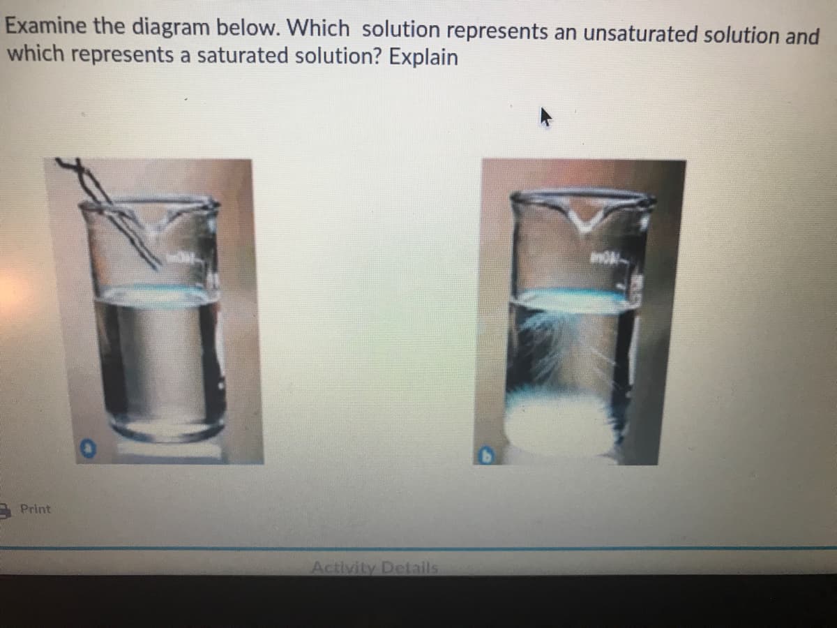 Examine the diagram below. Which solution represents an unsaturated solution and
which represents a saturated solution? Explain
Print
Activity Details
