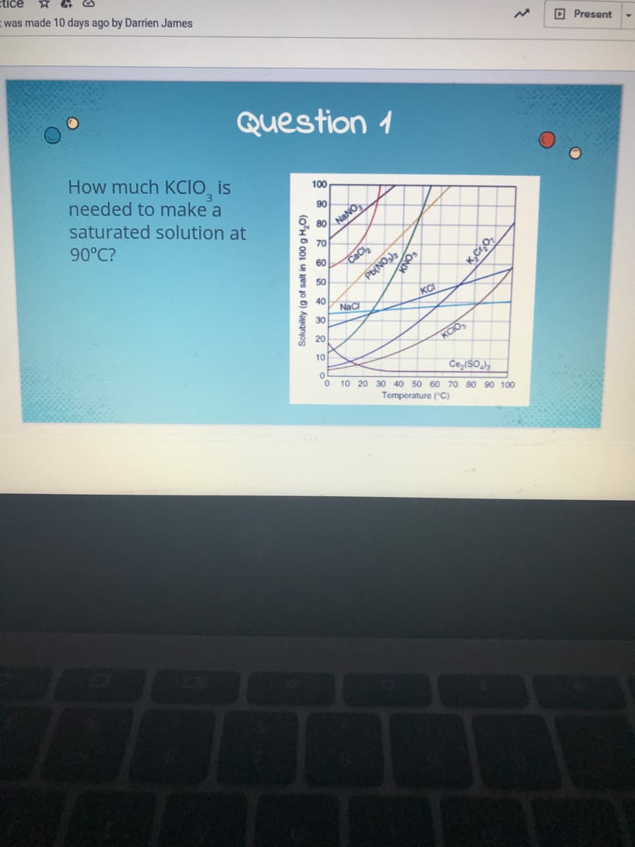 ctice
文
i was made 10 days ago by Darrien James
D Present
Question 1
How much KClo, is
needed to make a
100
90
saturated solution at
NaNO
80
90°C?
70
60
CaCl,
Pb(NO,)2
50
O 40
KCI
Naci
30
20
KCIO,
10
Ce,(SO),
10 20 30 40 50 60 70 80 90 100
Temperature ("C)
Solubility (g of salt in 100 g H,O)
