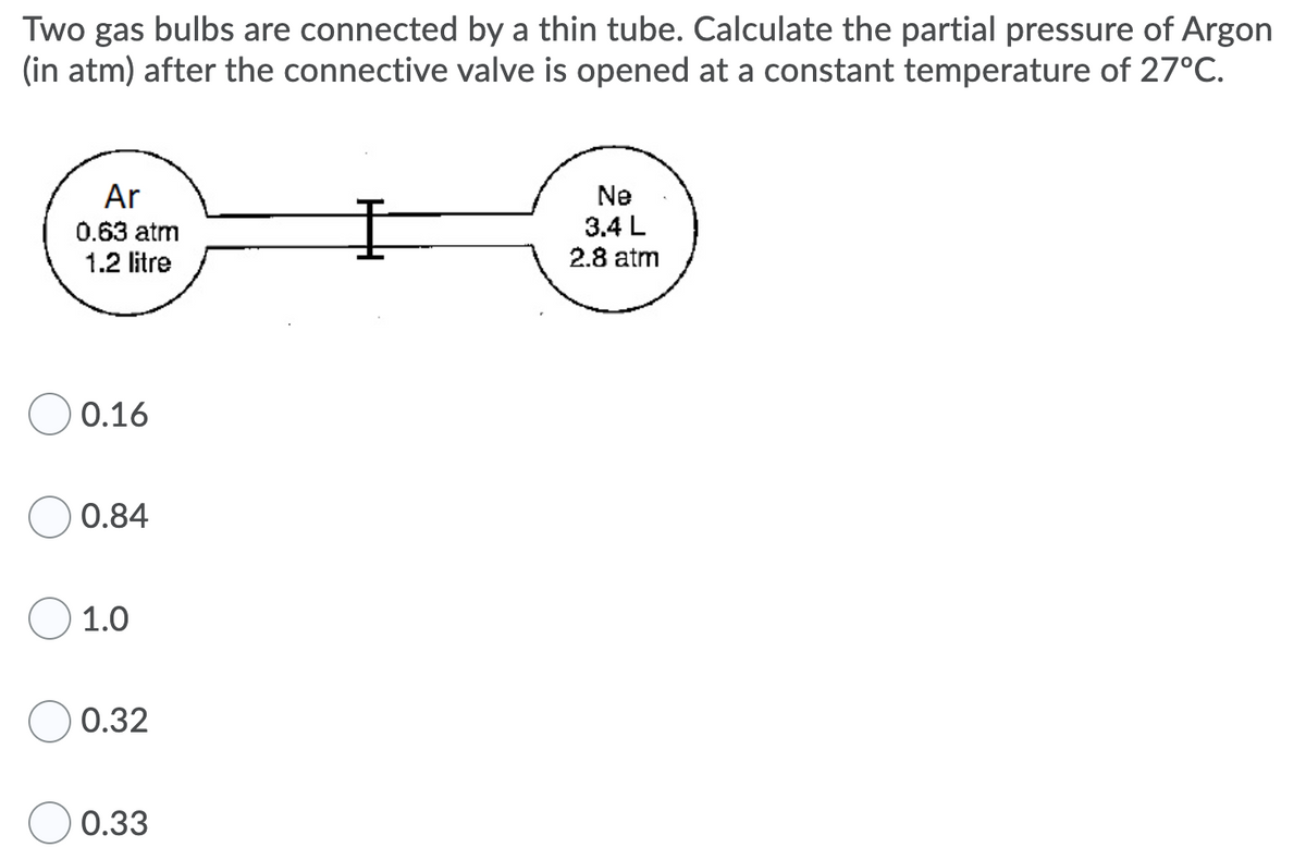 Two gas bulbs are connected by a thin tube. Calculate the partial pressure of Argon
(in atm) after the connective valve is opened at a constant temperature of 27°C.
Ar
Ne
3.4 L
2.8 atm
0.63 atm
1.2 litre
0.16
0.84
1.0
0.32
0.33
