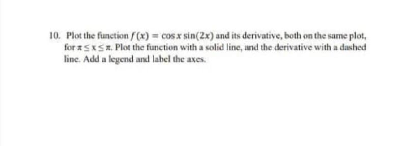 10. Plot the function f(x) cosx sin(2x) and its derivative, both on the same plot,
for aSxSR. Plot the function with a solid line, and the derivative with a dashed
line. Add a legend and label the axes.
