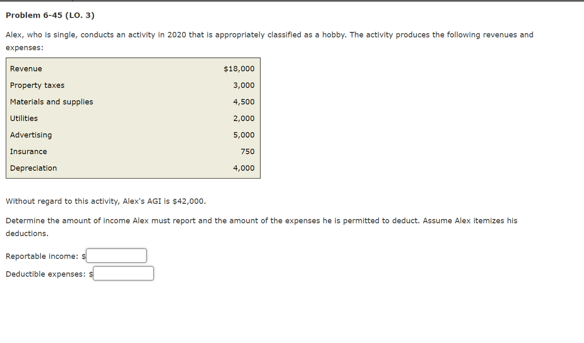 Problem 6-45 (LO. 3)
Alex, who is single, conducts an activity in 2020 that is appropriately classified as a hobby. The activity produces the following revenues and
expenses:
Revenue
$18,000
Property taxes
3,000
Materials and supplies
4,500
Utilities
2,000
Advertising
5,000
Insurance
750
Depreciation
4,000
Without regard to this activity, Alex's AGI is $42,000.
Determine the amount of income Alex must report and the amount of the expenses he is permitted to deduct. Assume Alex itemizes his
deductions.
Reportable income:
Deductible expenses: $
