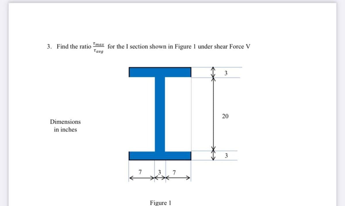 3. Find the ratio max for the I section shown in Figure 1 under shear Force V
Tavg
Il
3
Dimensions
in inches
3
7
3
Figure 1
20
