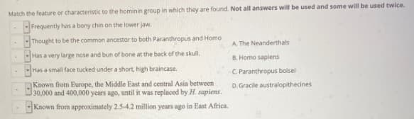 Match the feature or characteristic to the hominin group in which they are found. Not all answers will be used and some will be used twice.
-Frequently has a bony chin on the lower jaw.
-Thought to be the common ancestor to both Paranthropus and Homo
A. The Neanderthals
Has a very large nose and bun of bone at the back of the skull,
B. Homo sapiens
Has a small face tucked under a short, high braincase.
C Paranthropus boisei
Known from Europe, the Middle East and central Asia between
30,000 and 400,000 years ago, until it was replaced by H. sapiens.
D. Gracile australopithecines
-Known from approximately 2.5-4.2 million years ago in East Africa.
