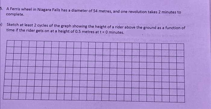 5. A Ferris wheel in Niagara Falls has a diameter of 54 metres, and one revolution takes 2 minutes to
complete.
) Sketch at least 2 cycles of the graph showing the height of a rider above the ground as a function of
time if the rider gets on at a height of 0.5 metres at t = 0 minutes.