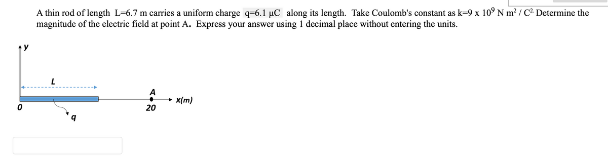 A thin rod of length L=6.7 m carries a uniform charge q=6.1 µC _along its length. Take Coulomb's constant as k=9 x 10° N m? / C2. Determine the
magnitude of the electric field at point A. Express your answer using 1 decimal place without entering the units.
↑ y
A
x(m)
20
