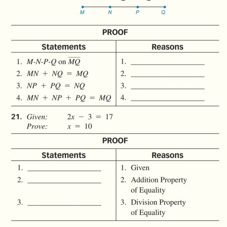 M
N
PROOF
Statements
Reasons
1. M-N-P-Q on MQ
1.
2. MN + NQ = MQ
2.
3. NP + PQ
NQ
3.
4. MN + NP + PQ
мо 4.
21. Given:
2x - 3 = 17
Prove:
x = 10
PROOF
Statements
Reasons
1.
1. Given
2.
2. Addition Property
of Equality
3.
3. Division Property
of Equality
