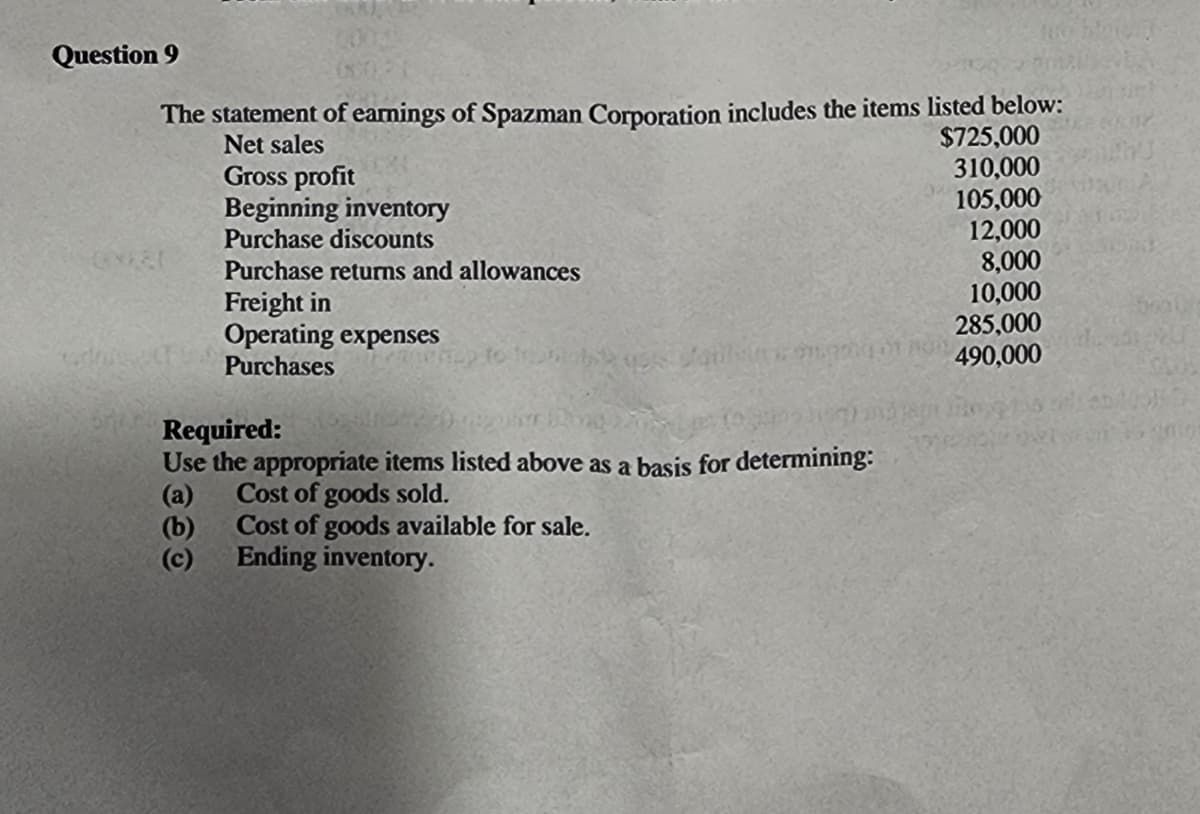 Question 9
The statement of earnings of Spazman Corporation includes the items listed below:
Net sales
Gross profit
021
Beginning inventory
Purchase discounts
Purchase returns and allowances
Freight in
Operating expenses
Purchases
ang
$725,000
310,000
105,000
12,000
8,000
10,000
285,000
Cailletongpha490,000
Required:
Use the appropriate items listed above as a basis for determining:
(a)
Cost of goods sold.
(b)
Cost of goods available for sale.
Ending inventory.