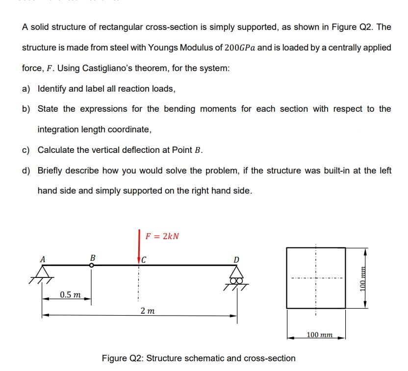 A solid structure of rectangular cross-section is simply supported, as shown in Figure Q2. The
structure is made from steel with Youngs Modulus of 200GPa and is loaded by a centrally applied
force, F. Using Castigliano's theorem, for the system:
a) Identify and label all reaction loads,
b) State the expressions for the bending moments for each section with respect to the
integration length coordinate,
c) Calculate the vertical deflection at Point B.
d) Briefly describe how you would solve the problem, if the structure was built-in at the left
hand side and simply supported on the right hand side.
A
0.5 m
B
F = 2kN
IC
2m
D
Figure Q2: Structure schematic and cross-section
100 mm
100 mm