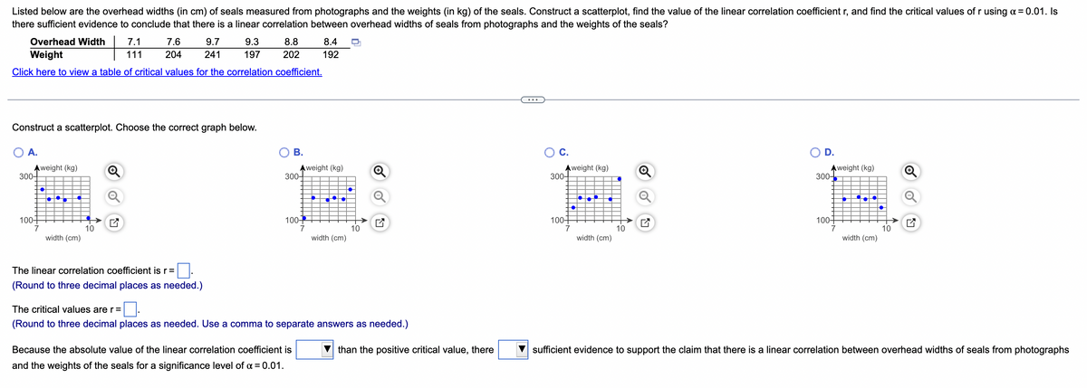 ### Correlation Analysis: Overhead Widths and Weights of Seals

**Problem Statement:**
Listed below are the overhead widths (in cm) of seals measured from photographs and the weights (in kg) of the seals. Construct a scatterplot, find the value of the linear correlation coefficient \( r \), and find the critical values of \( r \) using \( \alpha = 0.01 \). Is there sufficient evidence to conclude that there is a linear correlation between overhead widths of seals from photographs and the weights of the seals?

------------------------------

**Data Provided:**

| Overhead Width (cm) | 7.1 | 7.6 | 9.7 | 9.3 | 8.8 | 8.4 |
| ------------------- | --- | --- | --- | --- | --- | --- |
| Weight (kg)         | 111 | 204 | 241 | 197 | 202 | 192 |

[Click here to view a table of critical values for the correlation coefficient.](#)

------------------------------

**Scatterplot Construction:**

**Select the Correct Graph:**

**Option A**

| weight (kg) |      | 300 |      |      |      |      |      |      
| ----------- | ---- | --- | ---- | ---- | ---- | ---- | ---- |      
|             | 300  |  |      |      |      |      |      | 300  |    
|             | 200  |  |      |      |      |      |      | 200  |  
|             | 100  |  |      |      |      |      |      | 100  |  
| overhead width (cm)  |      |      |   7 |      |      |      | 10 |  

\( \bigcirc \) **Option B**

**Option C**

| weight (kg) |      | 300 |      |      |      |      |      |      
| ----------- | ---- | --- | ---- | ---- | ---- | ---- | ---- |      
|             | 300  |  |      |      |      |      |      | 300  |    
|             | 200  |  |      |      |      |      |      | 200  |  
|             | 100  |  |      |      |      |      |      | 100  |  
