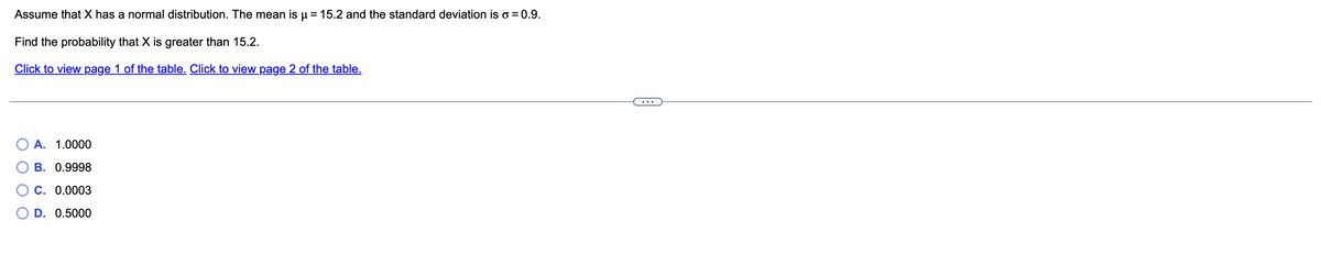 ### Understanding Normal Distribution

Understanding how to use the normal distribution is an essential skill in statistics. Given the characteristics of a dataset, you can determine the likelihood of a particular outcome. Let's explore this concept further using an example.

### Example Question

Assume that \( X \) has a normal distribution. The mean is \( \mu = 15.2 \) and the standard deviation is \( \sigma = 0.9 \).

#### Problem:
Find the probability that \( X \) is greater than 15.2.

To find this probability, you can use the Z-table. The Z-table helps you understand the proportion of values to the left of a given Z-score in a standard normal distribution.

Here's the question and the options:

1. Click to view page 1 of the table. Click to view page 2 of the table.

#### Select the correct option:
- A. 1.0000
- B. 0.9998
- C. 0.0003
- D. 0.5000

### Steps to Solve:
1. **Identify the given data:**
   - Mean (\(\mu\)) = 15.2
   - Standard Deviation (\(\sigma\)) = 0.9
   
2. **Calculate the Z-score:**
   The Z-score formula is: 
   \[
   Z = \frac{(X - \mu)}{\sigma}
   \]
   Here, since we are finding \( P(X > 15.2) \):
   \[
   Z = \frac{(15.2 - 15.2)}{0.9} = 0
   \]

3. **Find the probability:**
   Use the Z-table to find the probability corresponding to the Z-score.
   For \( Z = 0 \), the Z-table shows that 50% of the values lie to the left of \( Z = 0 \).
   Therefore, \( P(X > 15.2) \) is the remaining 50%, since it’s a symmetric distribution.
   
   So, the probability:
   \[
   P(X > 15.2) = 0.5000
   \]

### Final Answer:
- D. 0.5000

Understanding how to work with the normal distribution and use the Z-table is crucial for solving such problems. It is a fundamental concept used across various fields such