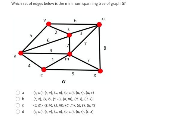 Which set of edges below is the minimum spanning tree of graph G?
2
5
6
7.
8
4
1
m.
G
{C, m}, {s, V), (s, u}, {a, m}, {a, s}, {u, x}
{C, X}, {s, V}, {s, u}, {a, m}, {a, s}, {u, x}
{c, m}, {s, v}, {s, m}, {a, m}, {a, s}, {u, x}
{c, m}, {s, v}, {s, u}, {a, m}, {a, s}, {c, x}
a
b
d
