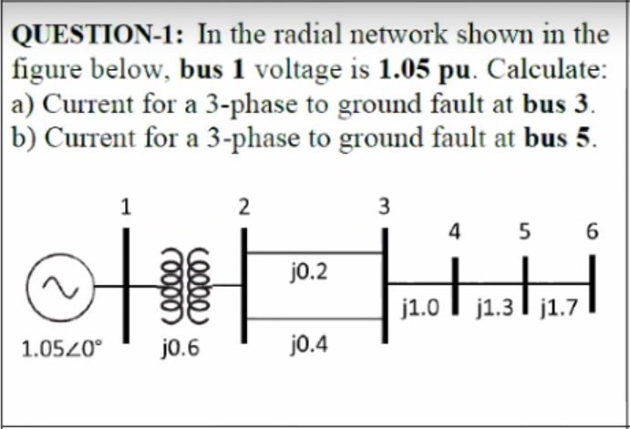 QUESTION-1: In the radial network shown in the
figure below, bus 1 voltage is 1.05 pu. Calculate:
a) Current for a 3-phase to ground fault at bus 3.
b) Current for a 3-phase to ground fault at bus 5.
1
2
3
4 5 6
j0.2
j1.0 I j1.3 I j1.7
1.0520°
jo.6
j0.4
Coebe
