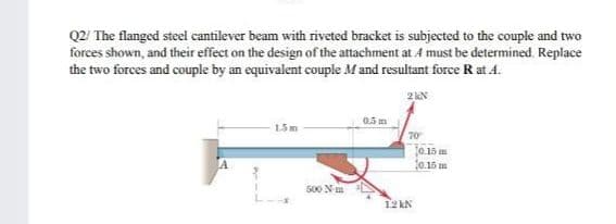 Q2/ The flanged steel cantilever beam with riveted bracket is subjected to the couple and two
forces shown, and their effect on the design of the attachment at 4 must be determined, Replace
the two forces and couple by an equivalent couple M and resultant force R at A.
2KN
0.5 m
15m
70
0.15 m
0.15 m
500 N m
12 kN
