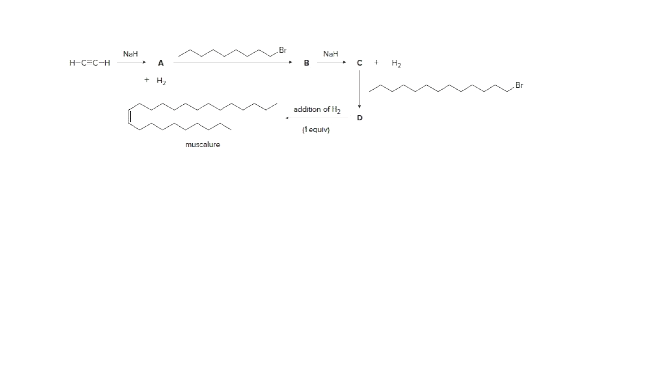 Br
NaH
NaH
H-C=C-H
A
B
H2
+ H,
Br
addition of H2
(1 equiv)
muscalure
