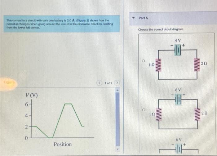 Part A
The current in a circuit with only one battery is 2.0 A. Elgure 1) shows how the
potential changes when going around the circut in the clockwise direction, starting
from the lower left comer.
Choose the correct cirouit diagram.
20
Figure
1 of1
V (V)
20
Position
ww
ww
ww-
ww
