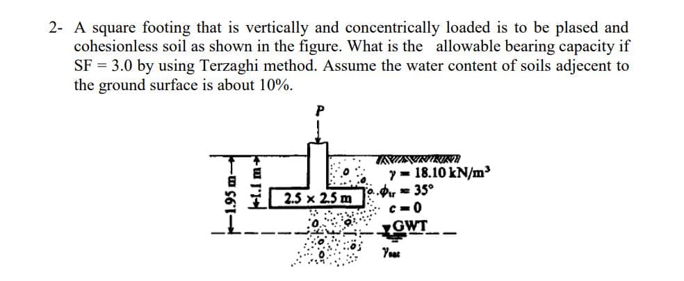 2- A square footing that is vertically and concentrically loaded is to be plased and
cohesionless soil as shown in the figure. What is the allowable bearing capacity if
SF = 3.0 by using Terzaghi method. Assume the water content of soils adjecent to
the ground surface is about 10%.
y = 18.10 kN/m
Pr = 35°
C =0
2.5 x 2.5 m
YGWT
Yeat
