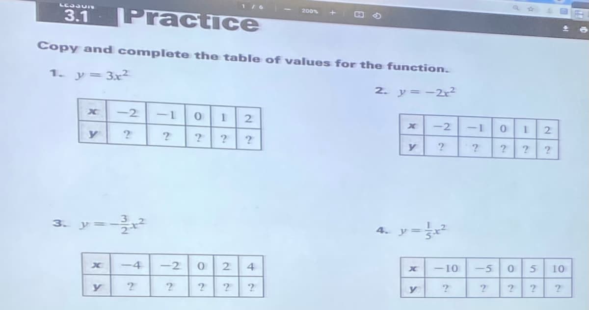 LESSUIw
3.1
Practice
200%
Copy and complete the table of values for the function.
1. y= 3x²
2. y= -2x2
-2
-1
2.
-2
-1
2.
y
y
3. y=-
4
-2
2.
4
-10
-5
10
y
2
2.
