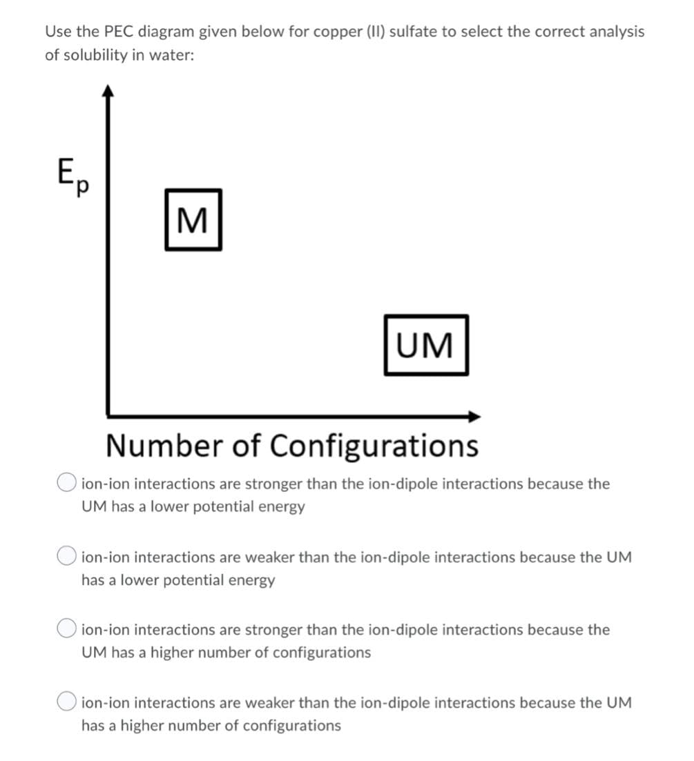 Use the PEC diagram given below for copper (II) sulfate to select the correct analysis
of solubility in water:
Ep
UM
Number of Configurations
ion-ion interactions are stronger than the ion-dipole interactions because the
UM has a lower potential energy
ion-ion interactions are weaker than the ion-dipole interactions because the UM
has a lower potential energy
ion-ion interactions are stronger than the ion-dipole interactions because the
UM has a higher number of configurations
ion-ion interactions are weaker than the ion-dipole interactions because the UM
has a higher number of configurations
