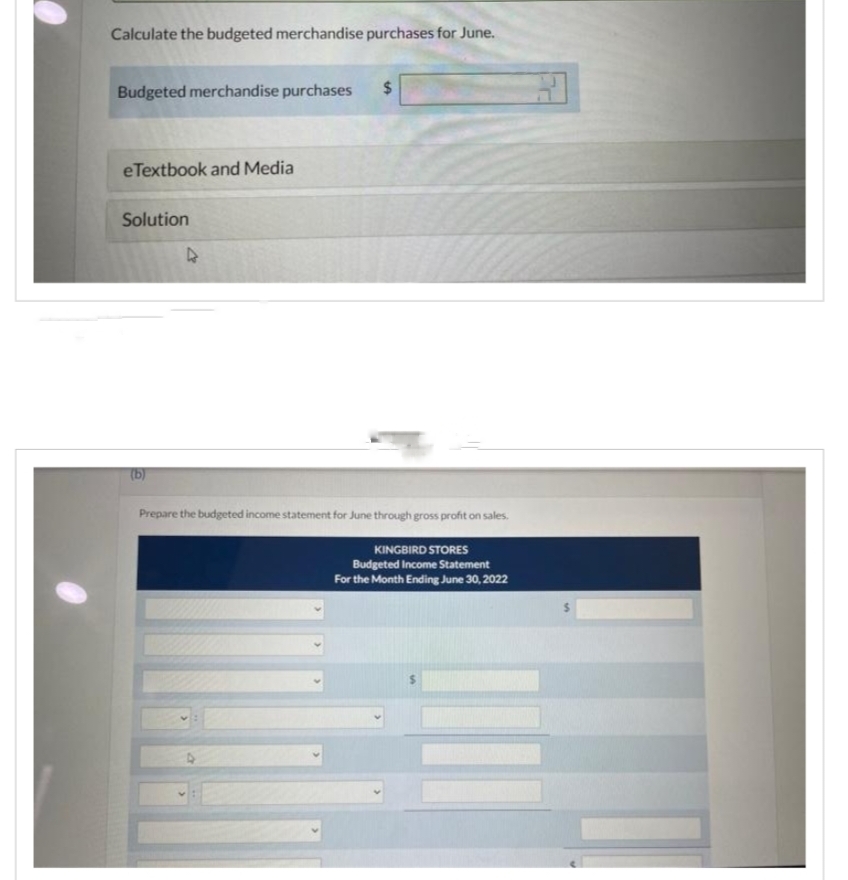 Calculate the budgeted merchandise purchases for June.
Budgeted merchandise purchases
eTextbook and Media
Solution
(b)
$
Prepare the budgeted income statement for June through gross profit on sales.
KINGBIRD STORES
Budgeted Income Statement
For the Month Ending June 30, 2022