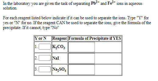 In the laboratory you are given the task of separating Pb?* and Fe²* ions in aqueous
solution.
For each reagent listed below indicate if it can be used to separate the ions. Type "Y" for
yes or "N" for no. If the reagent CAN be used to separate the ions, give the formula of the
precipitate. If it cannot, type "No"
Y or N
Reagent Formula of Precipitate if YES
1.
K,CO3
Nal
3.
Na,SO,
