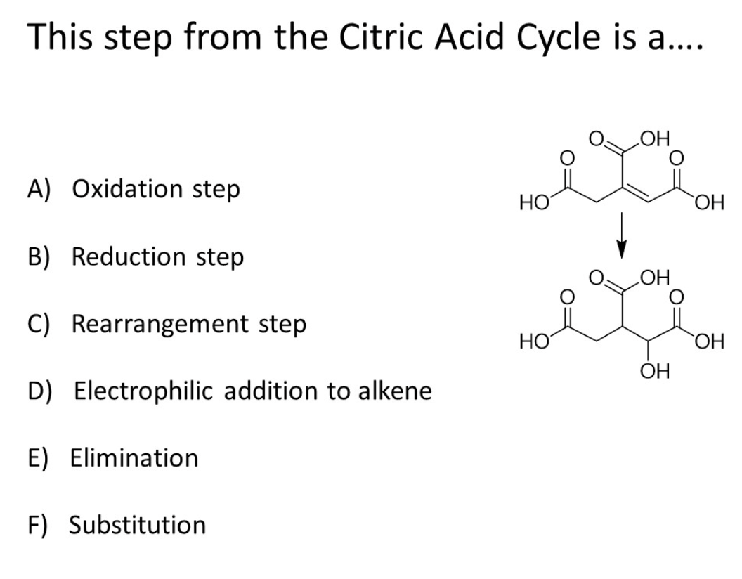 This step from the Citric Acid Cycle is a....
A) Oxidation step
B) Reduction step
C) Rearrangement step
D) Electrophilic addition to alkene
E) Elimination
F) Substitution
HO
HO
OH
OH
OH
OH
OH