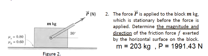 P (N)
2. The force P is applied to the block m kg,
which is stationary before the force is
applied. Determine the magnitude and
direction of the friction force f exerted
by the horizontal surface on the block.
m kg
30°
H, = 0.80
He = 0.60
%3D
%3D
m = 203 kg , P = 1991.43 N
Figure 2.
