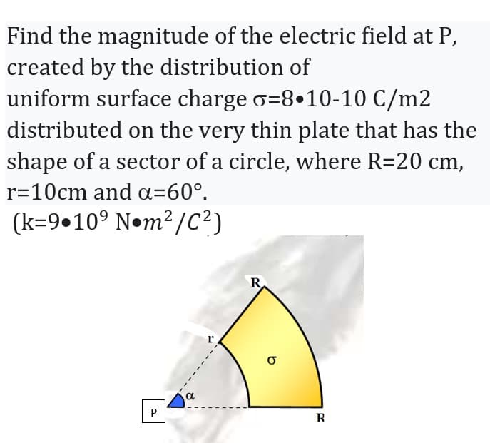 Find the magnitude of the electric field at P,
created by the distribution of
uniform surface charge o=8-10-10 C/m2
distributed on the very thin plate that has the
shape of a sector of a circle, where R=20 cm,
r=10cm and a=60°.
(k=9.10⁹ Nm²/C²)
P
R
R